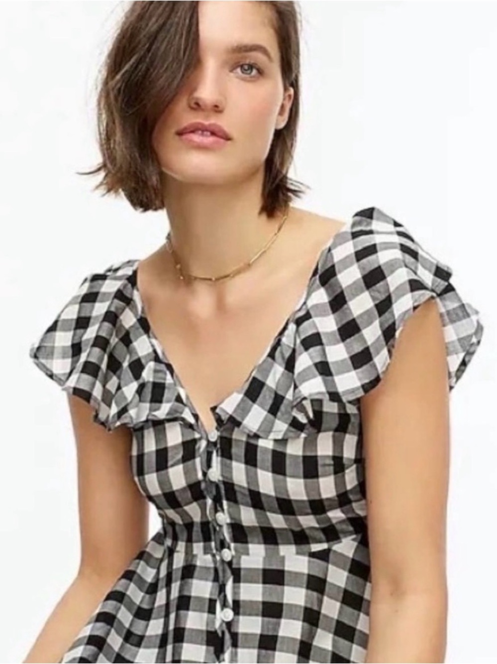 J. Crew Black and White Gingham Flutter Sleeve Button-Front Women's Dress